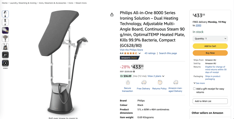 Amazon: Philips All-in-One 8000 Series Ironing Solution- Was: $599.00, now $433.03